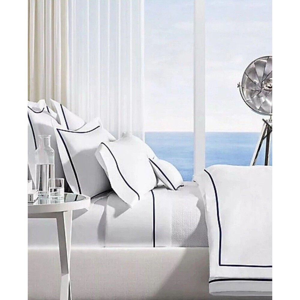 Ralph Lauren Organic Cotton Percale Palmer Queen Flat Sheet $175 White/Polo Navy